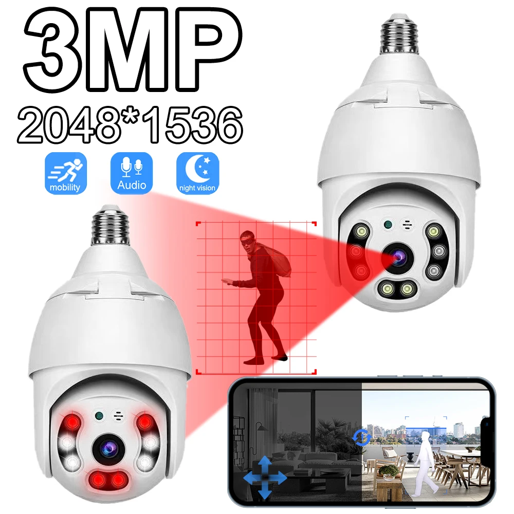3-Мегапиксельная камера наблюдения с лампочкой E27, полноцветное ночное видение, отслеживание мобильных устройств, Панорамный монитор безопасности дома.