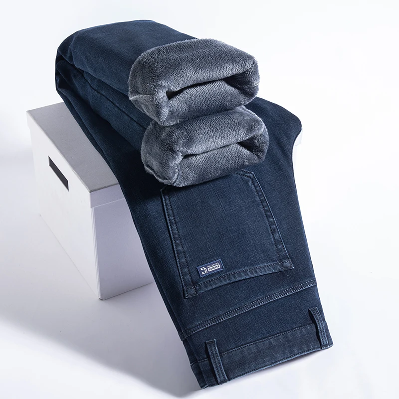 3-цветные прямые флисовые джинсы, мужские зимние Теплые Модные Повседневные мешковатые Классические однотонные джинсовые брюки, мужская брендовая одежда